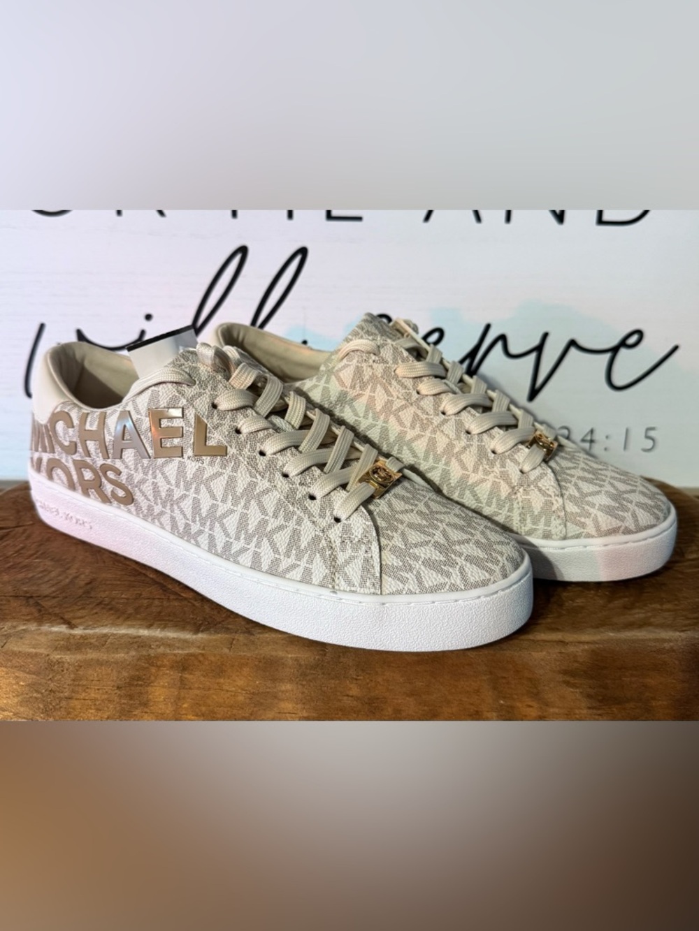 Michael Kors Cream Logo-Print Low-Top Sneakers with Gold Accents
